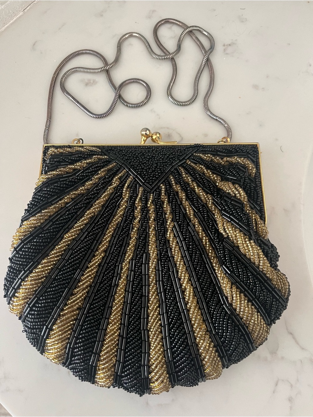 Vintage Black & Gold Beaded Evening Clutch with Chain Strap